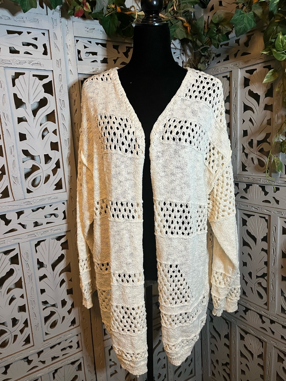 BREEZY BOHO CREAM OPEN FRONT KNIT CROTCHET SWEATER CARDIGAN